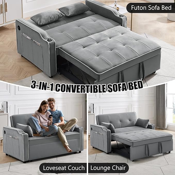 3 in 1 Loveseat Sofa Bed, Pull Out Couch Sleeper with Storage, Full Size Velvet Convertible Chair with 2 Pockets & 2 Pillows for Living Room, Grey - LeafyLoom