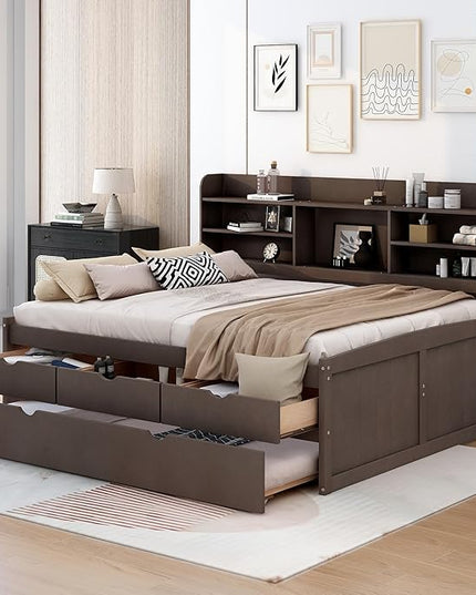 Wooden Full Size Captain Bed with Built-in Bookshelves, Full Daybed Frame with 3 Storage Drawers and Trundle, Antique Gray - LeafyLoom