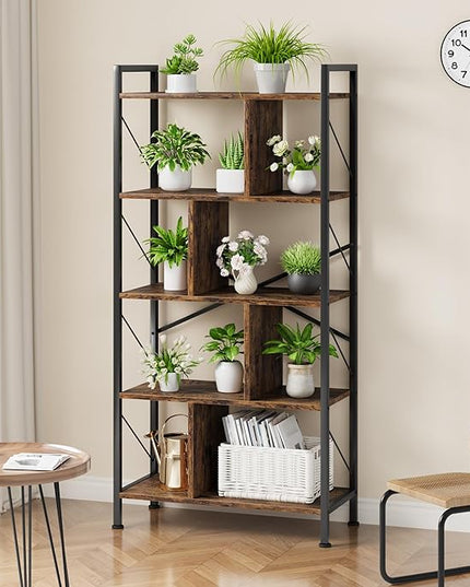 5 Tier Bookshelf with Storage, 61 Inch Tall Industrial Book Shelf with Open Display Bookshelves, 5 Shelf Bookcase with Metal Frame for Living Room, Bedroom and Home Office-Rustic Brown - LeafyLoom