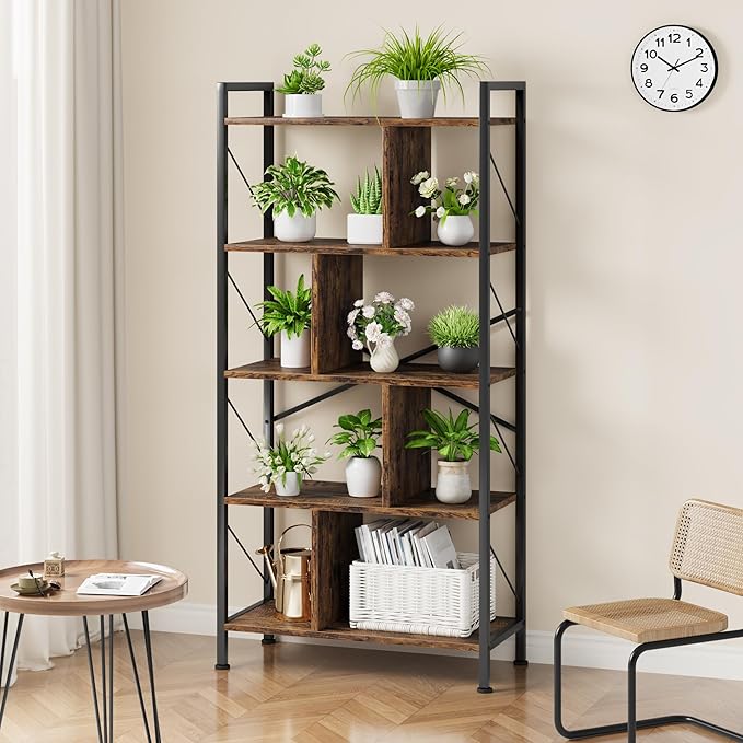 5 Tier Bookshelf with Storage, 61 Inch Tall Industrial Book Shelf with Open Display Bookshelves, 5 Shelf Bookcase with Metal Frame for Living Room, Bedroom and Home Office-Rustic Brown - LeafyLoom