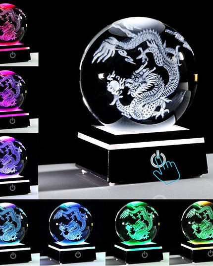 Qianwei Chinese Dragon Decor Gifts, Dragon Statue Figurines Stuff Decorations 3D Laser Etched Halloween Crystal Balls Feng Shui for Witchcraft Paper Weights Glass Decor - LeafyLoom