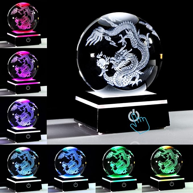 Qianwei Chinese Dragon Decor Gifts, Dragon Statue Figurines Stuff Decorations 3D Laser Etched Halloween Crystal Balls Feng Shui for Witchcraft Paper Weights Glass Decor - LeafyLoom