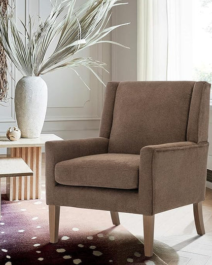 COLAMY Modern Wingback Living Room Chair, Upholstered Fabric Accent Armchair, Single Sofa chair with Lounge Seat and Wood Legs for Bedroom/Office/Reading Spaces, Brown - LeafyLoom