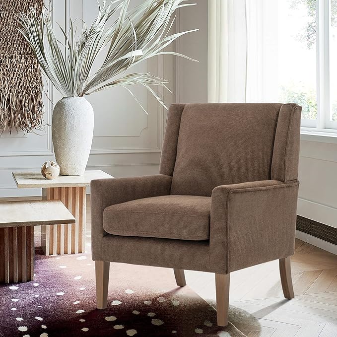 COLAMY Modern Wingback Living Room Chair, Upholstered Fabric Accent Armchair, Single Sofa chair with Lounge Seat and Wood Legs for Bedroom/Office/Reading Spaces, Brown - LeafyLoom