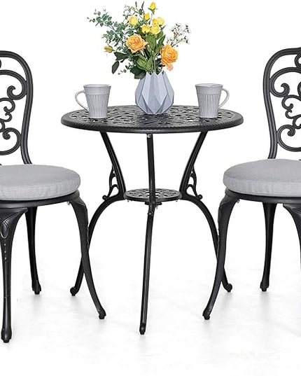 NUU GARDEN Bistro Set 3 Piece Outdoor All Weather Cast Aluminum Patio Bistro Set Patio Table and Chairs Set of 2 with Umbrella Hole and Gray Cushions for Backyard, Balcony, Lawn, Black - LeafyLoom