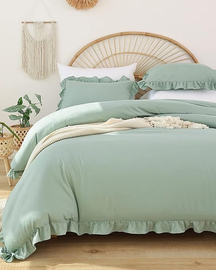 JANZAA California King Comforter Set Sage Green Comforter 3PCS Soft Fluffy Boho Comforter Vintage Farmhouse Bed (1 Ruffle Comforter with 2 Pillowcases) Shabby Chic Bedding for All Season - LeafyLoom