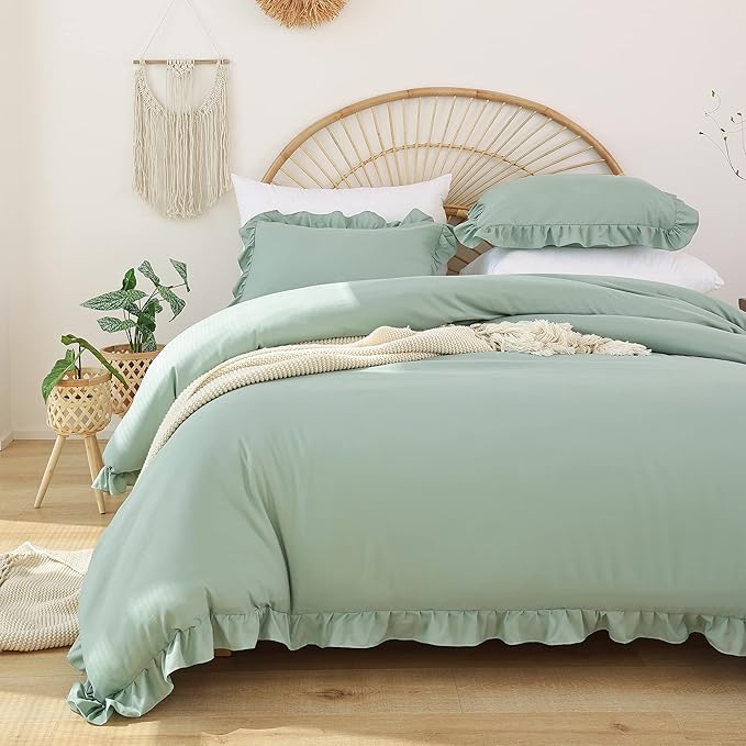 JANZAA California King Comforter Set Sage Green Comforter 3PCS Soft Fluffy Boho Comforter Vintage Farmhouse Bed (1 Ruffle Comforter with 2 Pillowcases) Shabby Chic Bedding for All Season - LeafyLoom