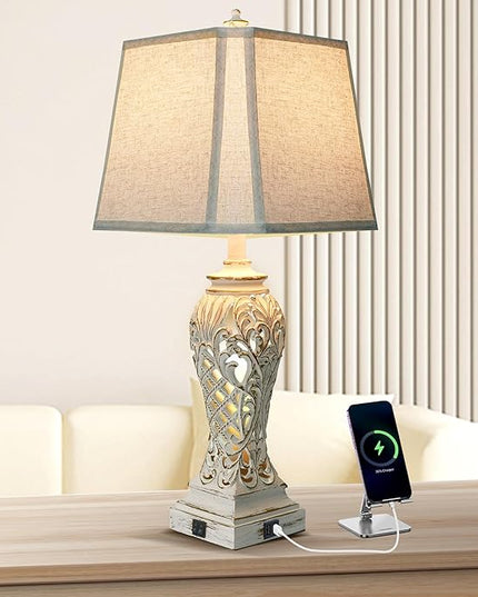 Table Lamps for Bedroom Living Room, Bedside Lamp with Fabric Shades, 29'' Tall Coastal Nautical Lampwith USB and Nightlight - LeafyLoom