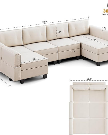 113'' Modular Sectional Sofa, Convertible Sectional Couches for Living Room U Shaped Sectional Sofa Couch with Storage Ottoman, High Supportive 6 Seats Reversible Sectionals with Chaise, Beige - LeafyLoom