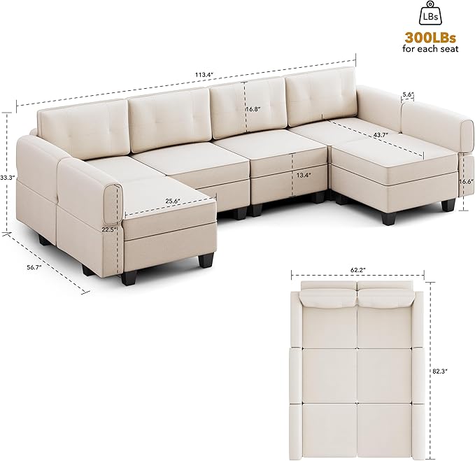 113'' Modular Sectional Sofa, Convertible Sectional Couches for Living Room U Shaped Sectional Sofa Couch with Storage Ottoman, High Supportive 6 Seats Reversible Sectionals with Chaise, Beige - LeafyLoom
