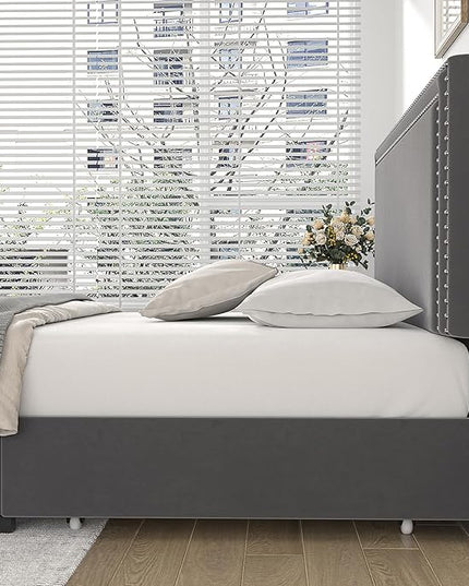 VECELO Queen Size Upholstered Platform Bed Frame with 4 Storage Drawers, Adjustable Velvet Rivets Headboard, Wooden Slats Support, No Box Spring Needed, Easy Assembly - LeafyLoom