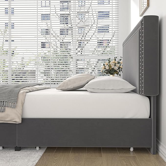 VECELO Queen Size Upholstered Platform Bed Frame with 4 Storage Drawers, Adjustable Velvet Rivets Headboard, Wooden Slats Support, No Box Spring Needed, Easy Assembly - LeafyLoom