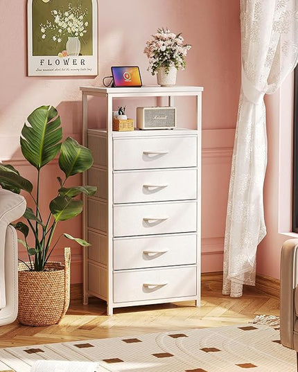 5 Drawers Dresser with Charging Station, Dresser for Bedroom, Tall Night Stand, Chest of Drawers with PU Leather Finish, Open Shelf, Bedside Table Nightstand, for Entryway, White - LeafyLoom