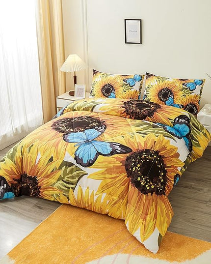 Sunflower Comforter Sets,Beautiful Seamless Pattern with Sunflower Blue Butterflies on White Background,Decorative Bedding Comforter Sets with 2 Pillow Shams, Queen Size - LeafyLoom