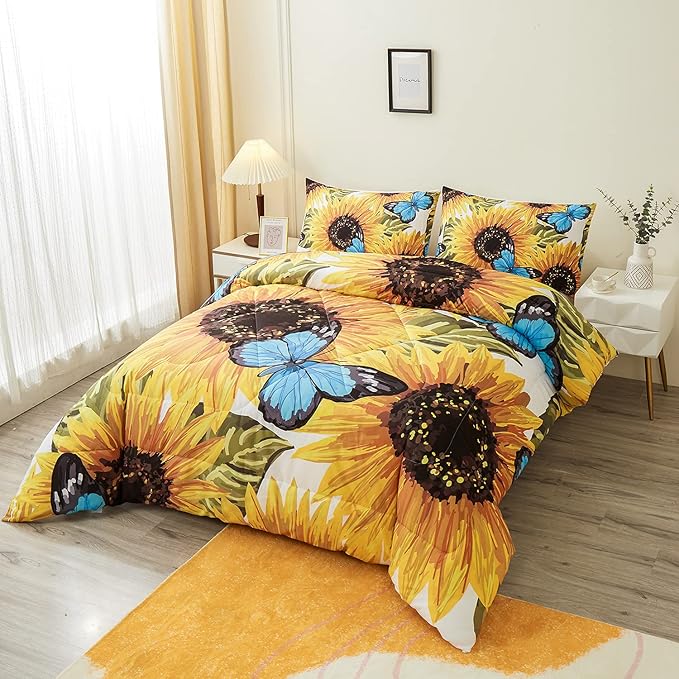 Sunflower Comforter Sets,Beautiful Seamless Pattern with Sunflower Blue Butterflies on White Background,Decorative Bedding Comforter Sets with 2 Pillow Shams, Queen Size - LeafyLoom