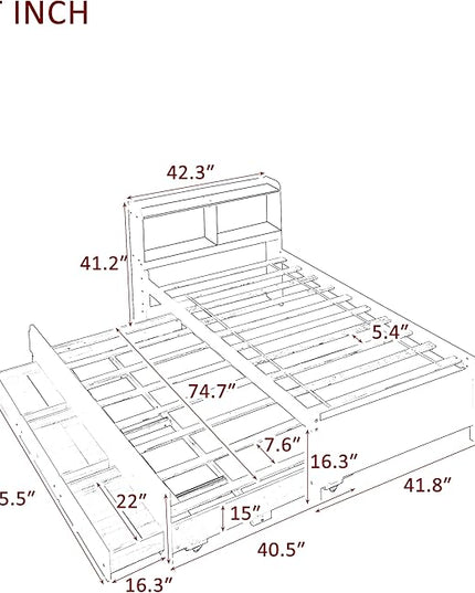 Platform Bed Twin Size with Bookcase Headboard, Trundle and 3 Drawers, Wooden Storage Bedframe for Kids Teens Adults Bedroom - LeafyLoom