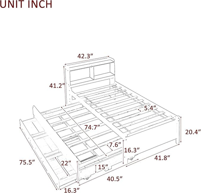 Platform Bed Twin Size with Bookcase Headboard, Trundle and 3 Drawers, Wooden Storage Bedframe for Kids Teens Adults Bedroom - LeafyLoom