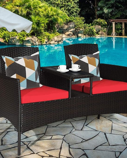 LUARANE Outdoor Rattan Sofas, Contract Patio Conversation Set Wicker Sofa Set with Built-in Coffee Table, Patio Furniture Set with Cushions, Rattan Loveseat for Lawn Backyard Garden (Brown+Red) - LeafyLoom