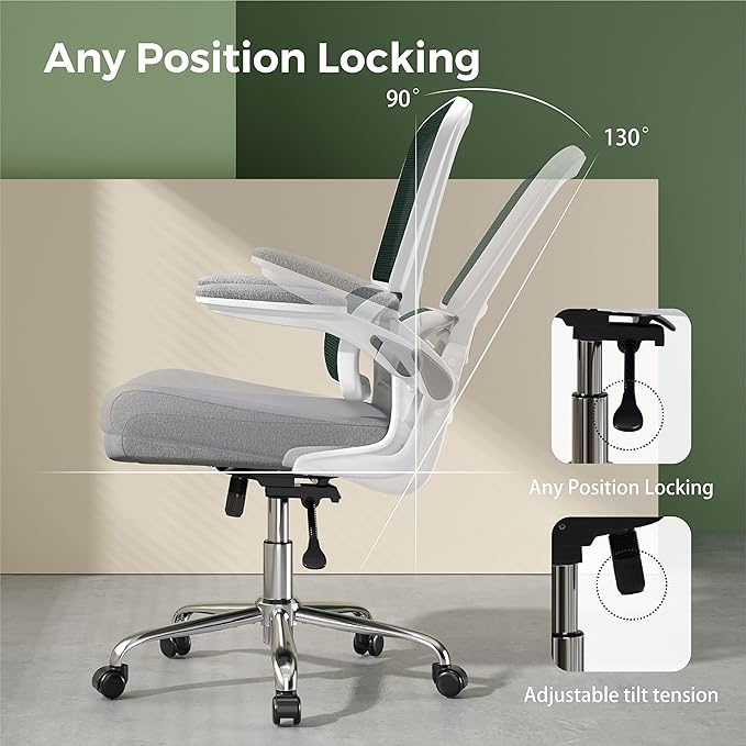 Ergonomic Office Chair, Breathable Mesh Chair with Adjustable Height, Computer Chair with a Double Lumbar Support and Flip-up Arms, Home Office Desk Chair with 90°-130° Tilt Function - LeafyLoom