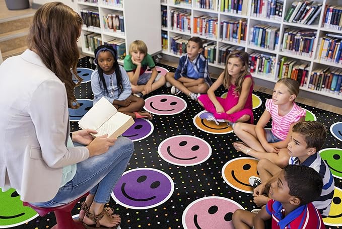 Flagship Carpets Smiley Seating (Seats 30) Classroom Area Rug or Educational Learning Mat, Kids Room or Playroom Carpet, 10'6" x 13'2", Black/Multi - LeafyLoom