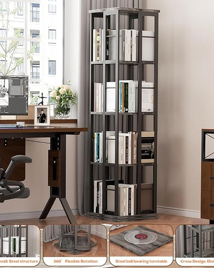Aheaplus Rotating Bookshelf, Corner Bookshelf, 360 Display Wood Spinning Bookshelf, Floor Standing Bookcase Narrow Shelf Revolving Organizer Storage Rack for Small Space, Bedroom, Study Room, Grey Oak - LeafyLoom