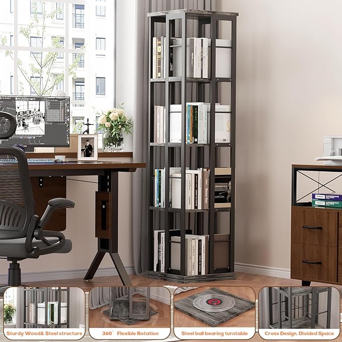 Aheaplus Rotating Bookshelf, Corner Bookshelf, 360 Display Wood Spinning Bookshelf, Floor Standing Bookcase Narrow Shelf Revolving Organizer Storage Rack for Small Space, Bedroom, Study Room, Grey Oak - LeafyLoom
