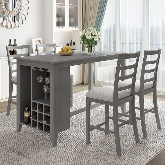 5-Piece Wooden Counter Height Dining Set, Multi-Functional Rubber Wood Table with Padded Chairs and Integrated 9 Bar Wine Compartment, Wineglass Holders for Home Living Room, Gray - LeafyLoom