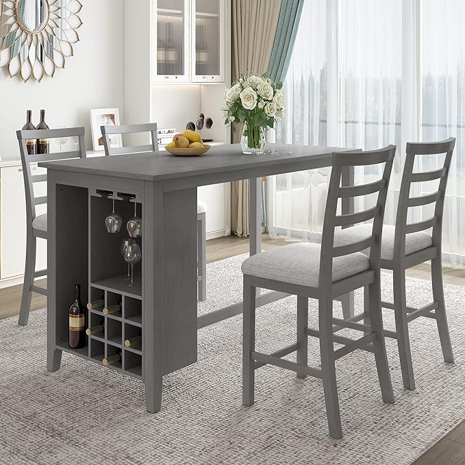 NicBex Small Kitchen Table Set for 4 Bar Table and Chairs Set 5-Piece Multi-Functional Rubber Wood Counter Height Dining Set with Padded Chairs for Dining Room, Gray - LeafyLoom