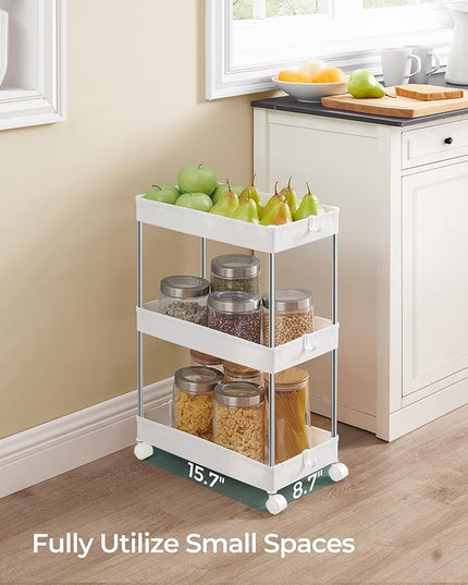 SONGMICS Slim Storage Cart, 3-Tier Rolling Cart, Narrow Utility Cart on Wheels, 6 Hooks, 360° Swivel Wheels, Lockable, Steel Frame, Bathroom, Kitchen, Office, Cloud White UKSC009W01 - LeafyLoom