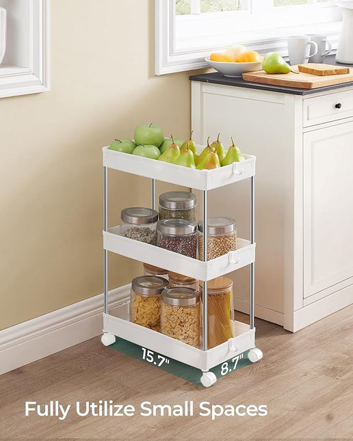 SONGMICS Slim Storage Cart, 3-Tier Rolling Cart, Narrow Utility Cart on Wheels, 6 Hooks, 360° Swivel Wheels, Lockable, Steel Frame, Bathroom, Kitchen, Office, Cloud White UKSC009W01 - LeafyLoom