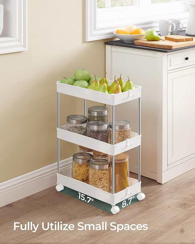 SONGMICS Slim Storage Cart, 3-Tier Rolling Cart, Narrow Utility Cart on Wheels, 6 Hooks, 360° Swivel Wheels, Lockable, Steel Frame, Bathroom, Kitchen, Office, Cloud White UKSC009W01 - LeafyLoom