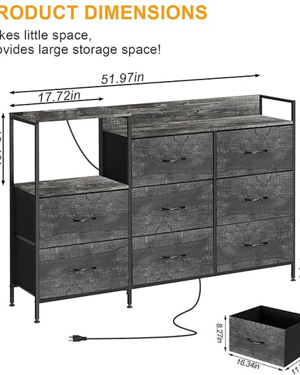 MOOACE TV Stand with Charging Station, 52'' Long TV Stand with 8 Storage Drawers and Open Shelves, Chests, Dresser for Bedroom, Living Room, Dark Gray - LeafyLoom