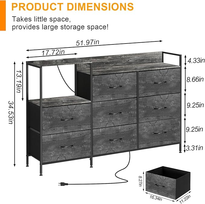 MOOACE TV Stand with Charging Station, 52'' Long TV Stand with 8 Storage Drawers and Open Shelves, Chests, Dresser for Bedroom, Living Room, Dark Gray - LeafyLoom
