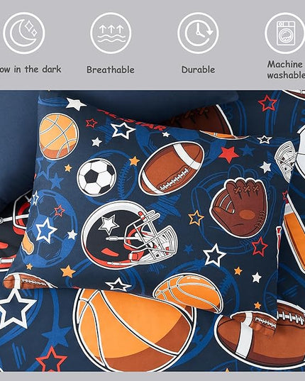 Sports Ball Games Twin Comforter Set with Sheets - 5 Pieces Kids Twin Bedding Sets for Boys, Glow in The Dark Baseball Basketball Football Soccer Twin Bed in a Bag for Kids, Teens - LeafyLoom