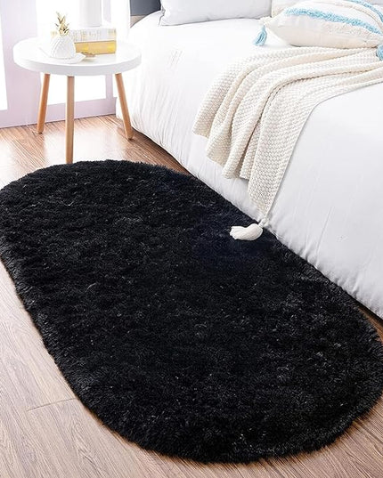 Noahas Black Fluffy Rugs for Bedroom,2'X 5' Oval Ultra Soft Bedroom Rugs,Small Throw Rugs, Kids Room Carpet Modern Shaggy Area Rugs Home Decor - LeafyLoom