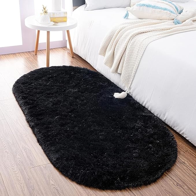 Noahas Black Fluffy Rugs for Bedroom,2'X 5' Oval Ultra Soft Bedroom Rugs,Small Throw Rugs, Kids Room Carpet Modern Shaggy Area Rugs Home Decor - LeafyLoom