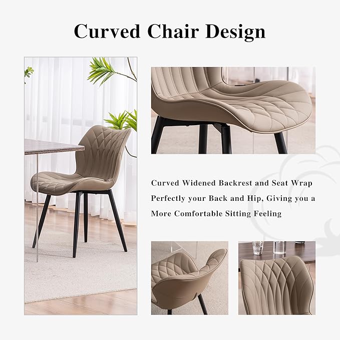 YOUNIKE Dining Chairs Set of 2, Upholstered Leather Kitchen Dining Room Chairs, Modern Living Room Bedroom Side Chairs with Wide Curved Back and Metal Legs, Kitchen Chairs Khaki Taupe - LeafyLoom