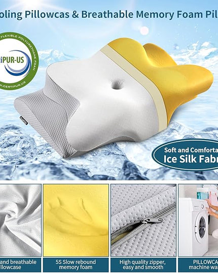 Neck Pillow Cervical Memory Foam Pillows for Pain Relief Sleeping, Ergonomic Pillow for Shoulder Pain, Orthopedic Contour Bed Pillow for Side, Back & Stomach Sleepers with Cooling Pillowcase - LeafyLoom