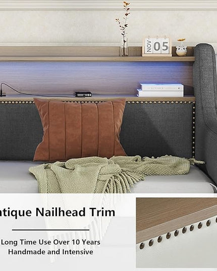Twin Size Daybed with 2 Storage Drawers, Upholstered Day Bed Frame with Charging Station and LED Lights, Linen Sofa Beds for Living Room, Bedroom, Gray - LeafyLoom