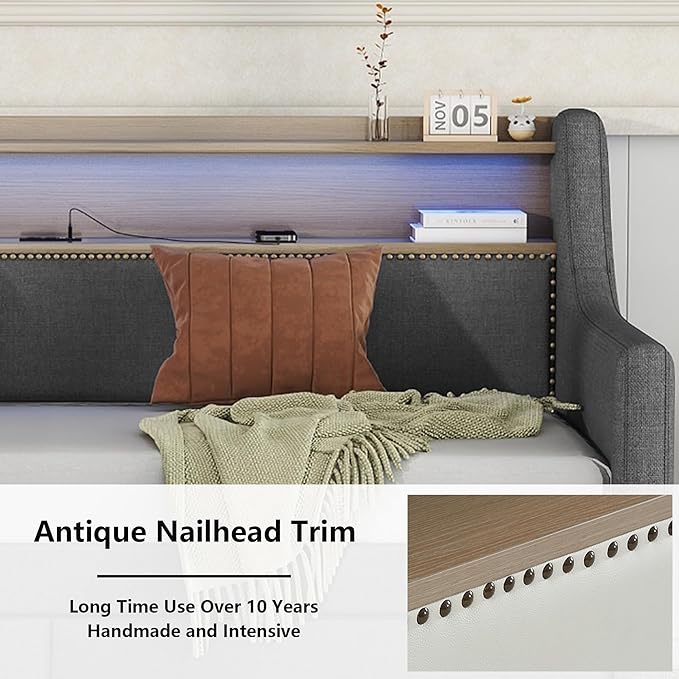 Twin Size Daybed with 2 Storage Drawers, Upholstered Day Bed Frame with Charging Station and LED Lights, Linen Sofa Beds for Living Room, Bedroom, Gray - LeafyLoom