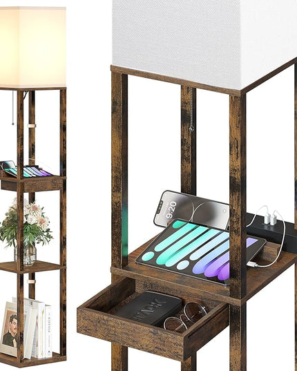 SUNMORY Floor Lamp with Shelves, Modern Dimmable Standing Lamp with Drawer & 2 USB Ports & 2 Power Outlet, Corner Tall Shelf Lamp for Living Room and Bedroom (Rustic Browm) - LeafyLoom