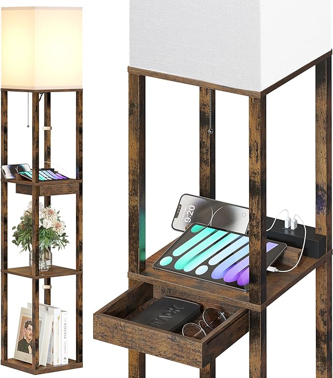 SUNMORY Floor Lamp with Shelves, Modern Dimmable Standing Lamp with Drawer & 2 USB Ports & 2 Power Outlet, Corner Tall Shelf Lamp for Living Room and Bedroom (Rustic Browm) - LeafyLoom