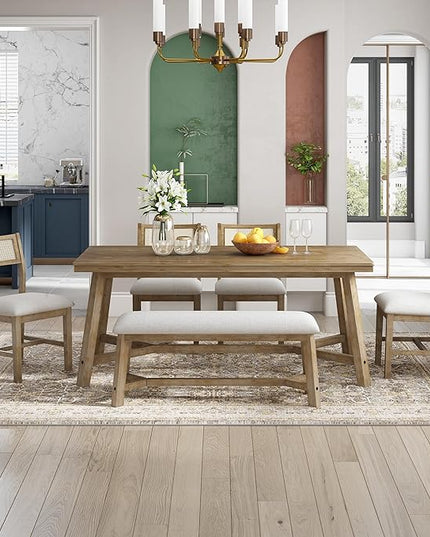 Merax 6-piece Retro Farmhouse Style Dining Set for 6 Wood Kitchen Rattan Backrest Upholstered Living Room, Home, 72" Rectangular Table+4 Chairs+1 Bench, Natural+Beige - LeafyLoom