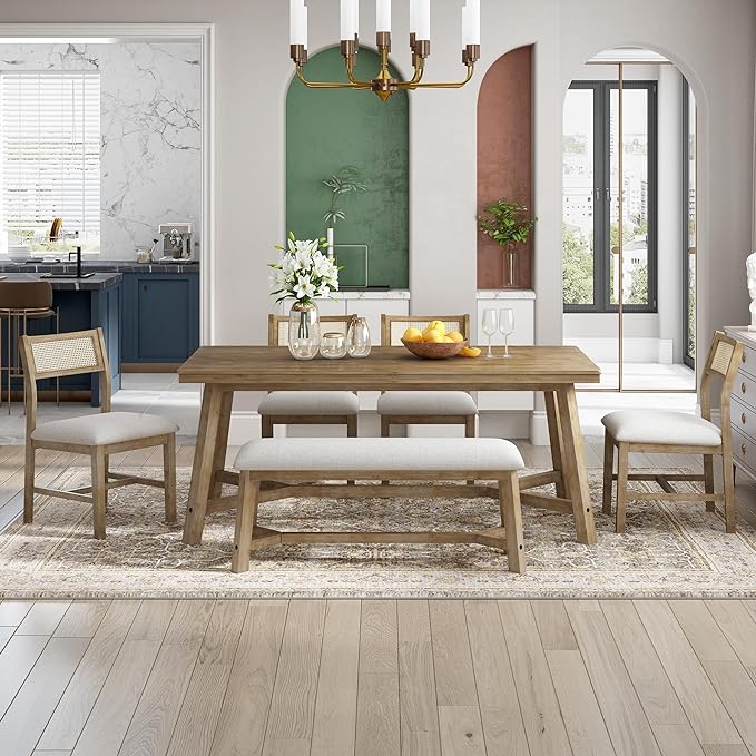 Merax 6-piece Retro Farmhouse Style Dining Set for 6 Wood Kitchen Rattan Backrest Upholstered Living Room, Home, 72" Rectangular Table+4 Chairs+1 Bench, Natural+Beige - LeafyLoom