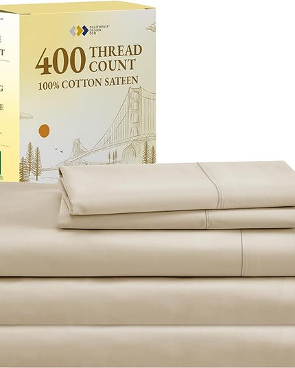 California Design Den Split King Bed Sheets Set, 400 Thread Count - 100% Cotton Sateen - Soft, Breathable & Cooling Bed Sheets for Adjustable Beds, 5-Pc Deep Pocket Bed Sheets - Beige - LeafyLoom