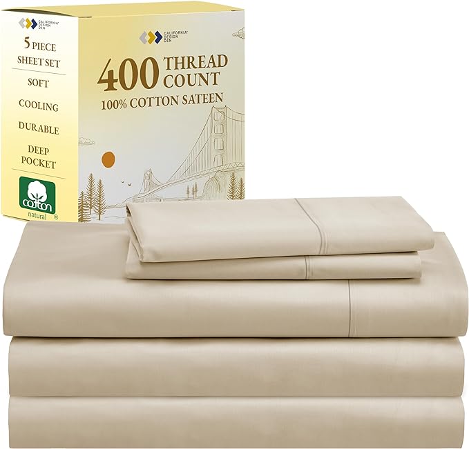 California Design Den Split King Bed Sheets Set, 400 Thread Count - 100% Cotton Sateen - Soft, Breathable & Cooling Bed Sheets for Adjustable Beds, 5-Pc Deep Pocket Bed Sheets - Beige - LeafyLoom