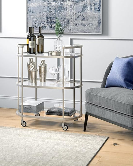 Henn&Hart 30" Wide Oval Bar Cart in Satin Nickel, Bar Carts for the Home - LeafyLoom