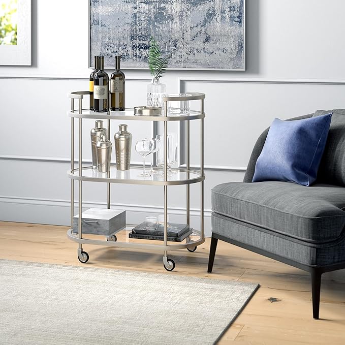 Henn&Hart 30" Wide Oval Bar Cart in Satin Nickel, Bar Carts for the Home - LeafyLoom