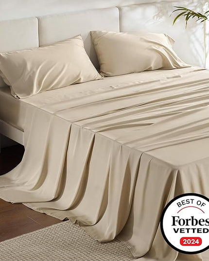 Bedsure King Size Sheet Set, Cooling Sheets King, Rayon Derived from Bamboo, Deep Pocket Up to 16", Breathable & Soft Bed Sheets, Hotel Luxury Silky Bedding Sheets & Pillowcases, Beige - LeafyLoom