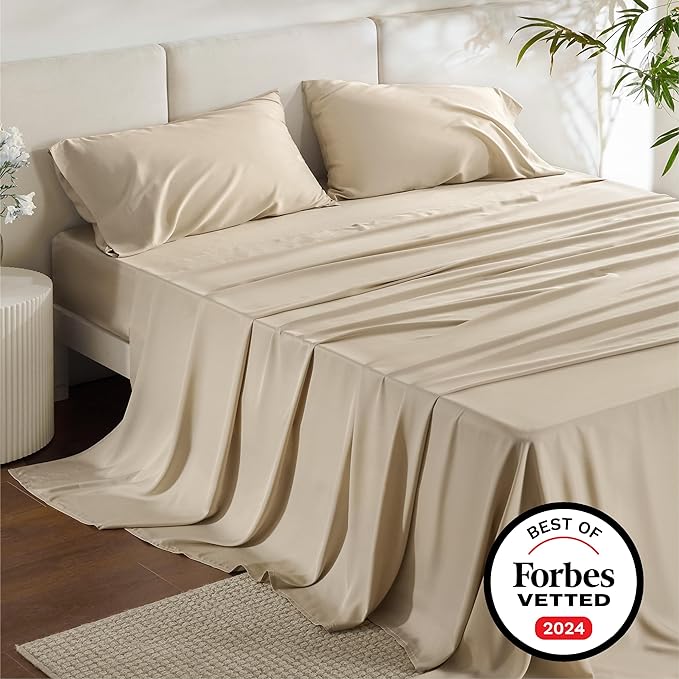 Bedsure King Size Sheet Set, Cooling Sheets King, Rayon Derived from Bamboo, Deep Pocket Up to 16", Breathable & Soft Bed Sheets, Hotel Luxury Silky Bedding Sheets & Pillowcases, Beige - LeafyLoom